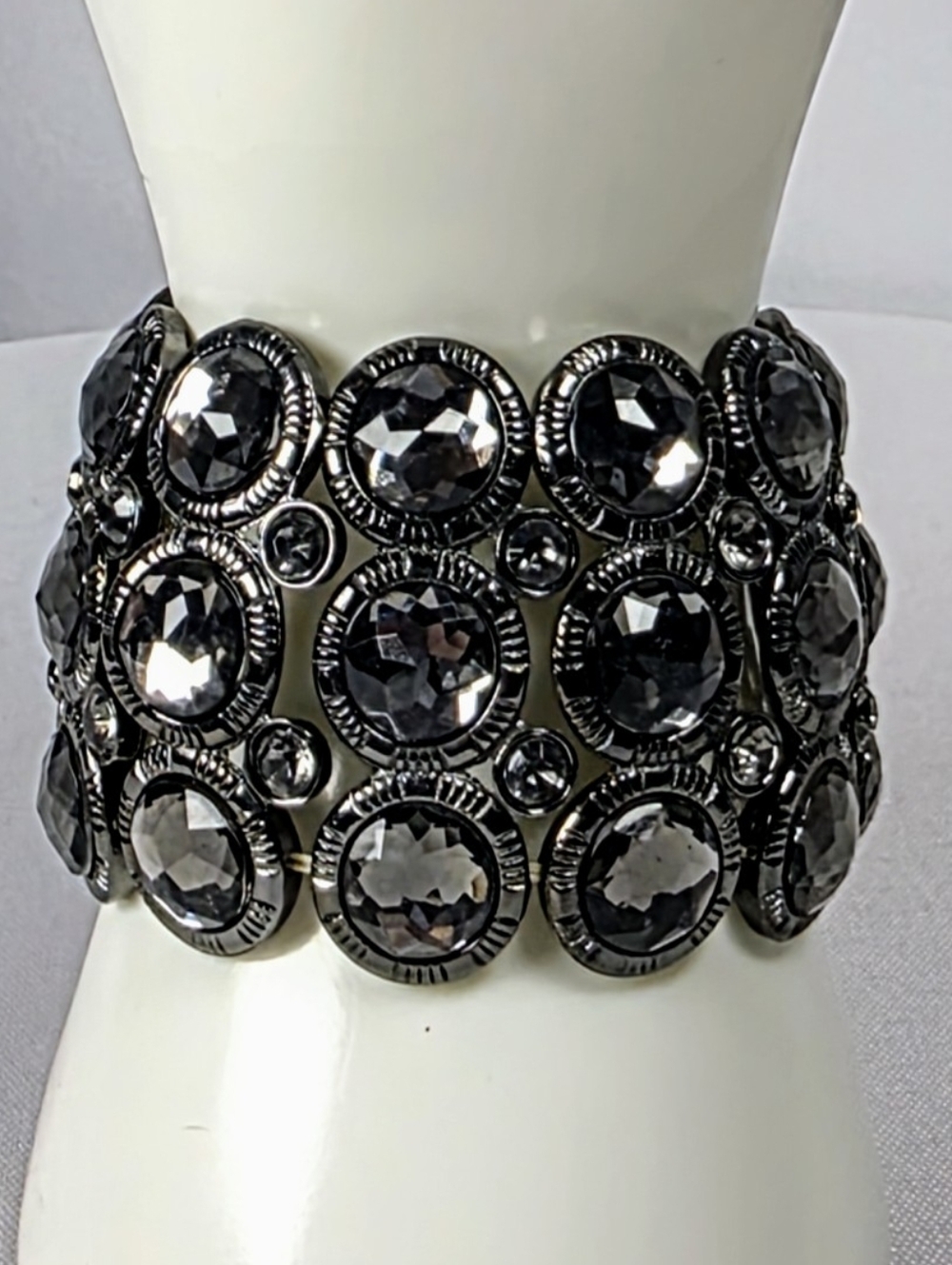 Black Rhinestone Statement Cuff Bracelet Wide Gunmetal Glam Sparkle